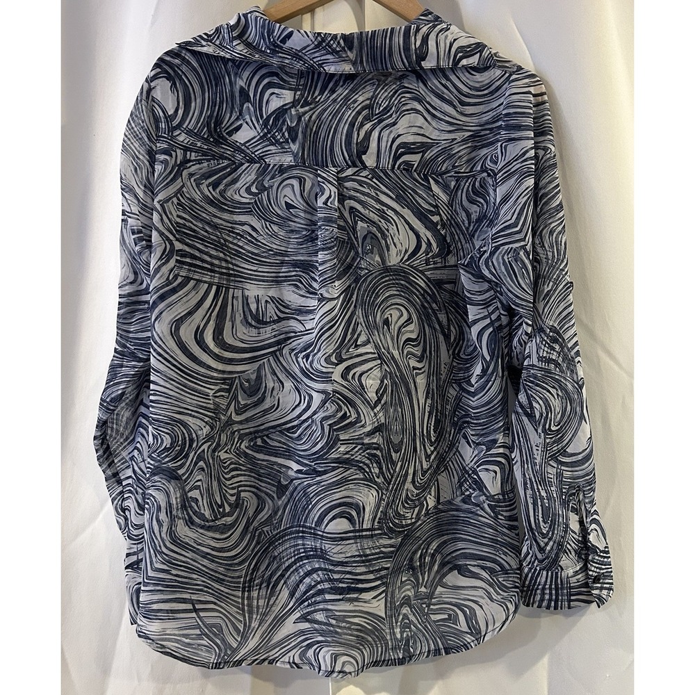Grayson Women's Long Sleeve Button Up Blouse Size Large Gray Blue Swirl Sheer - Picture 4 of 6